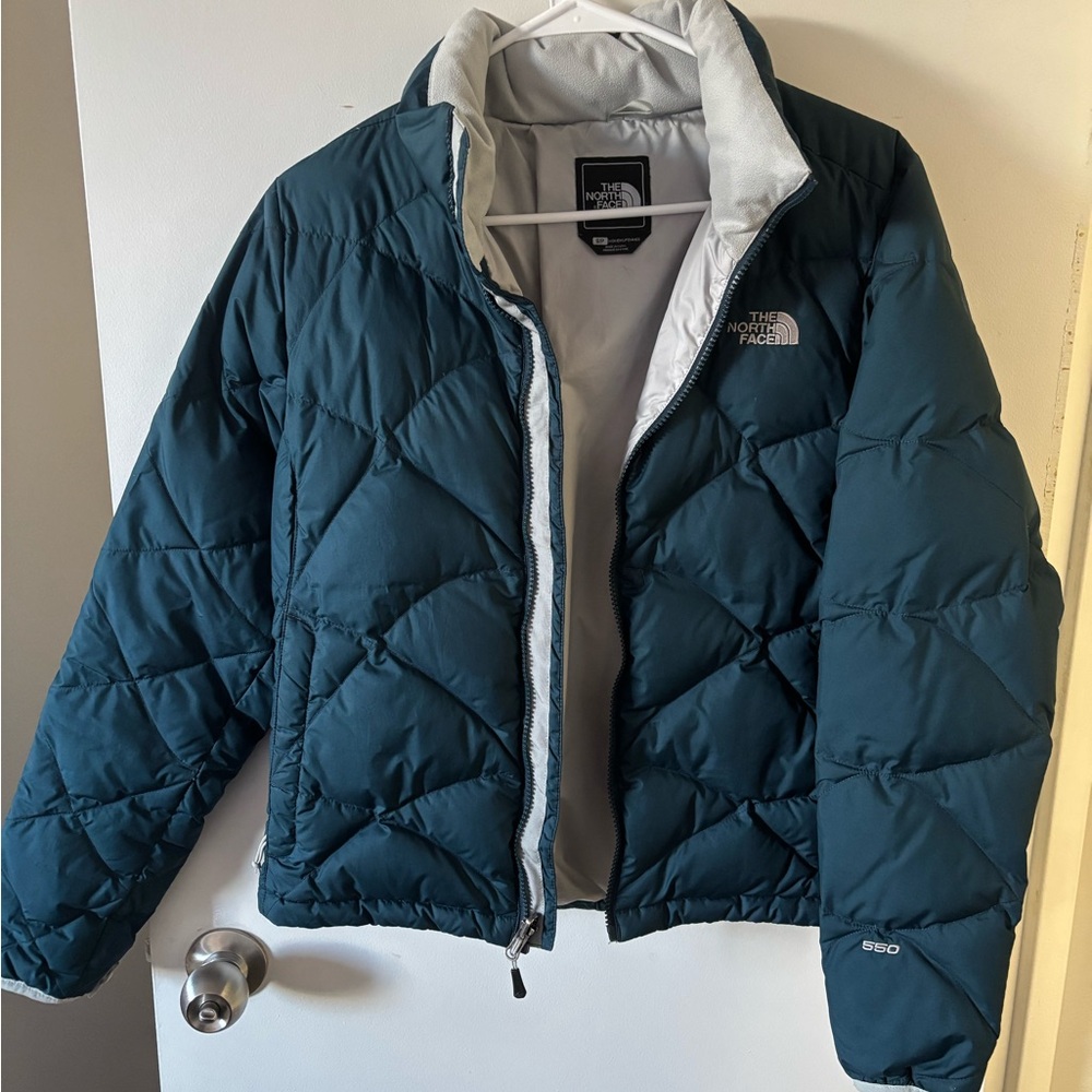 The North Face Teal Quilted Puffy Jacket with Light Gray Lining
